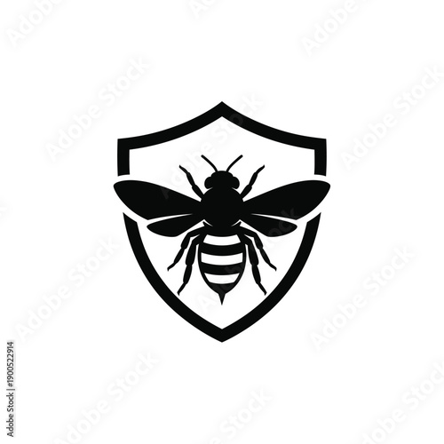 Black silhouette of bee inside shield frame on white background, protective logo design