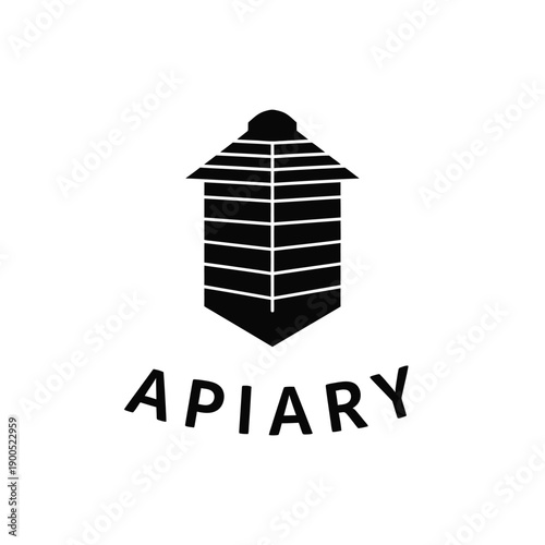 Apiary logo design with wooden beehive silhouette isolated on white background farm honey production branding element text included organic sweet food shop commercial identity mark