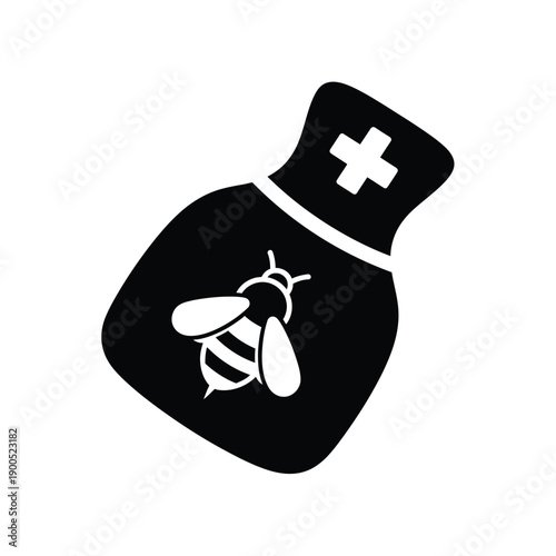 Black and white icon of bee sting remedy or ointment with medical cross symbol on jar. Symbolic representation of bee sting relief.