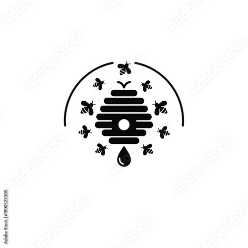 Beehive with bees and honey drop logo symbol vector illustration isolated on white background emblem for beekeeping honey products and apiary business