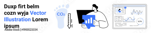 Sustainability, carbon tracking, environmental metrics, digital tools, data visualization, analytics. Footprint icon, charts digital graphs. Carbon tracking and environmental metrics concepts
