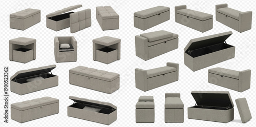 Collection of various beige storage ottomans and benches with lids, isolated on a transparent background, showcasing different angles and open/closed states for home organization and furniture design.