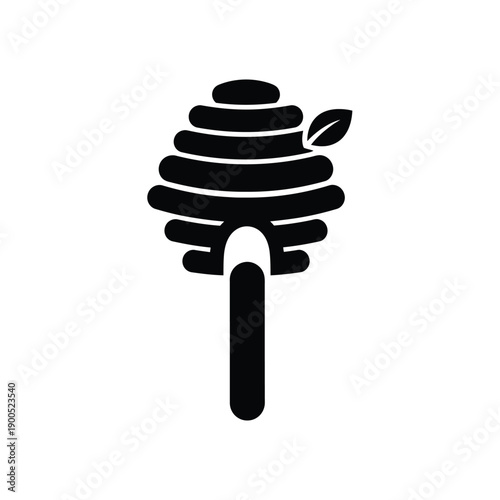 Honey dipper stick with beehive shape and leaf icon isolated on white background, apiculture and beekeeping vector illustration