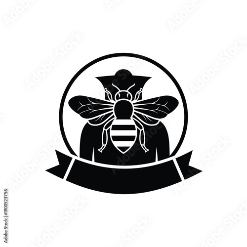 Vintage bee emblem with banner and circular frame for logo design on white background, detailed insect illustration for branding and identity, symbolic representation of royalty and community