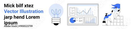 Light bulb symbolizing ideas, data charts displaying analytics, and a team collaboratively stacking blocks. Ideal for business, innovation, teamwork, data analytics, strategy, productivity simple