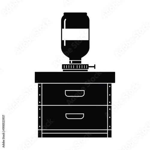 Beehive feeder icon vector illustration of black silhouette bee honey equipment on top of wooden hive box for beekeeping farm apiary maintenance professional insects care tools design