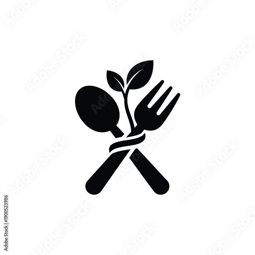Healthy food logo icon vector illustration of black silhouette crossed spoon and fork with green leaves for vegetarian restaurant organic nutrition vegan catering menu emblem design