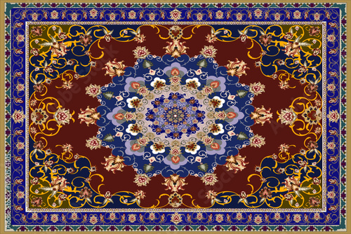 A classic Persian-style carpet design featuring a highly symmetrical composition with an intricate central medallion formed by layered geometric and floral motifs.