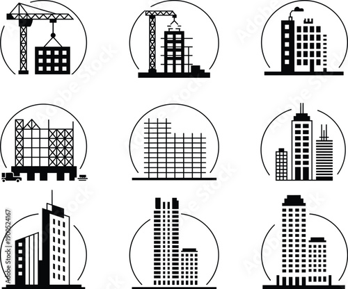Set of Construction Site Icons Featuring Building Cranes Skyscraper Outlines and Urban Development Symbols Isolated on White Background for Real Estate and Architecture Projects