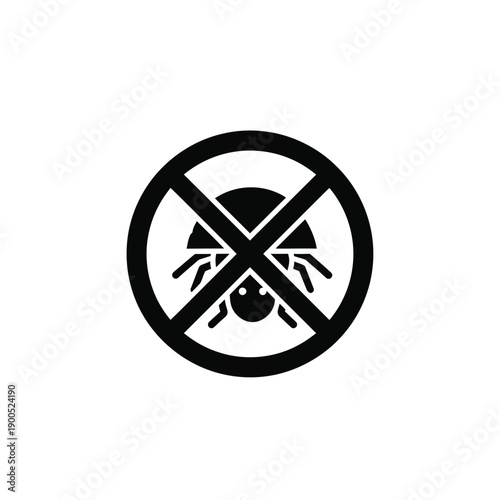 Insect pest control symbol, prohibition sign with a spider silhouette, stop bugs icon, pest repellent concept, graphic sign