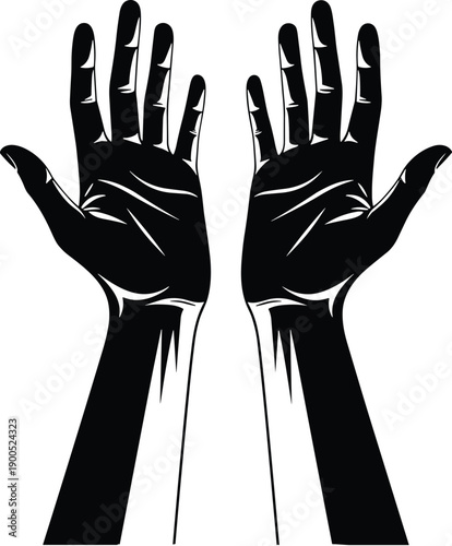 Raised hands silhouette, human gesture symbol, protest sign, help request, stop violence concept, freedom expression, black white vector illustration