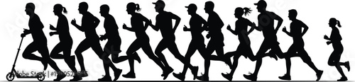 Running people silhouettes, marathon athletes, men and women joggers, fitness activity, healthy lifestyle, sports training, motion vector illustration set