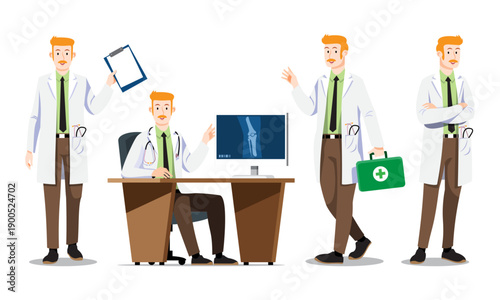 Caucasian orthopedist male doctor with orange hair and mustache. Flat vector featuring the doctor at a desk with a knee X-ray monitor and medical bag. Ideal for bone health content.