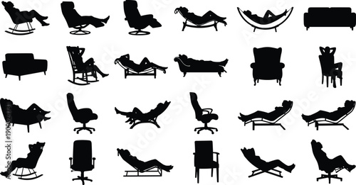 Large Collection of Relaxing People Silhouettes in Various Chairs Featuring Rocking Chairs Loungers Sofas and Armchairs Isolated on White Background for Interior Design Projects
