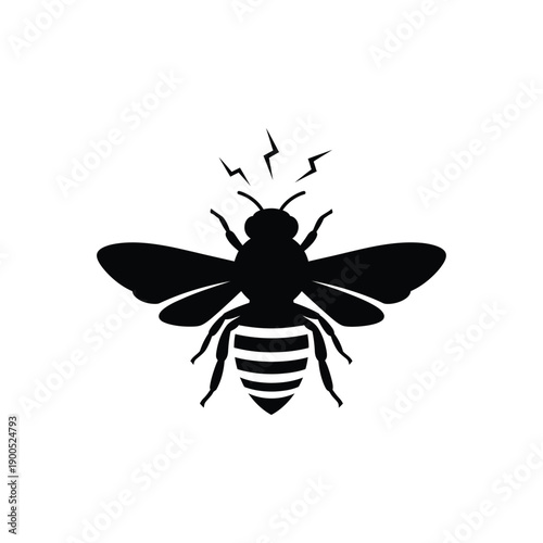Bee insect silhouette with lightning bolt effect indicating danger or distress vector graphic illustration