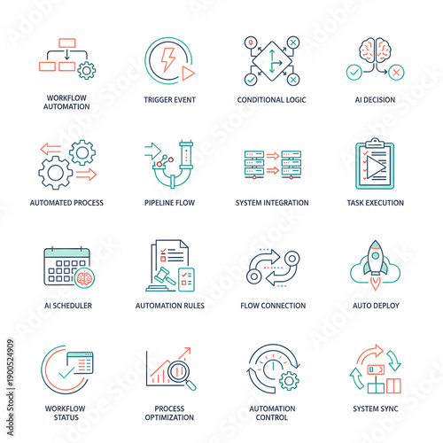 Modern Digital Transformation Concepts Vector Line Icons for Smart Workflow Automation, Artificial Intelligence Integration, and Optimized Business Process Management Systems