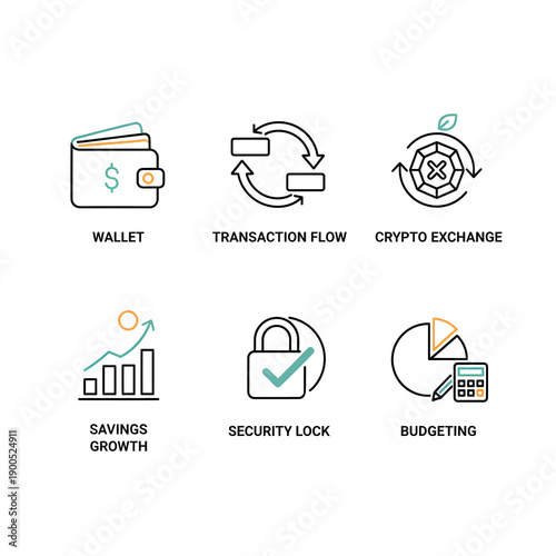 Set of icons representing financial concepts like wallet, transaction flow, crypto exchange, savings growth, security lock, and budgeting on a white background