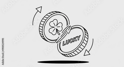 Lucky coins with four leaf clover spinning in air symbolizing good fortune and chance