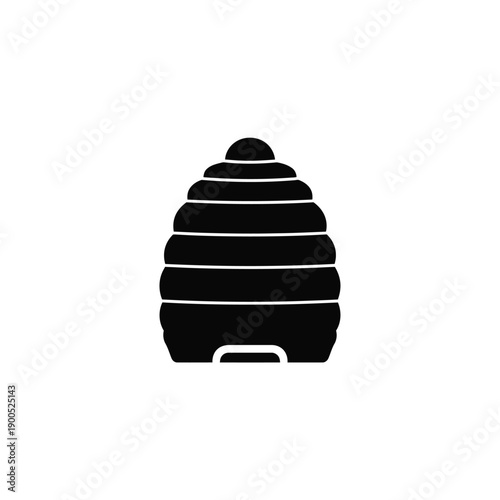 Traditional beehive shape with horizontal stripes and entrance, simple black vector illustration for apiary or nature themes