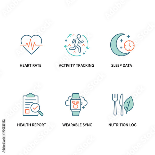 Modern outline icons for digital health and wellness monitoring, covering fitness activity, sleep data, nutrition logs, and wearable device synchronization