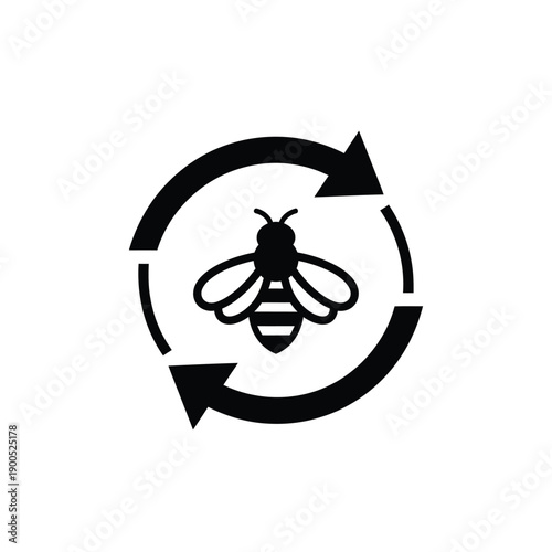 Pollination cycle with honey bee and rotation arrows icon for environmental conservation and agriculture black vector illustration on white background for eco friendly brand design