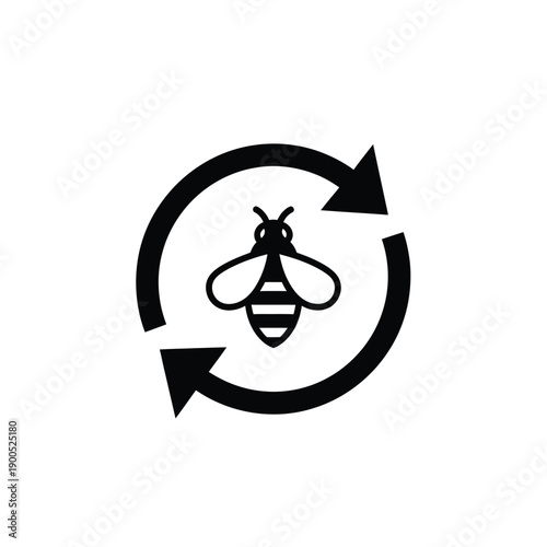 Honey bee recycling arrows icon for sustainable pollination and ecological balance black vector illustration on white background for organic farming and environmental awareness