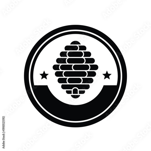 Beehive emblem with stars and circular frame for premium honey production label and apiary brand identity black vector illustration on white background for quality farm products