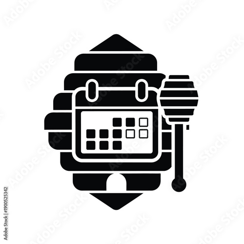 Honey calendar with dipper in beehive, black vector illustration depicting honey harvesting schedule and beekeeping events