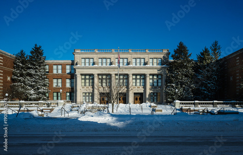 A view of the front facade of the historic Shortridge High School in Indianapolis, Indiana, opened in 1928.