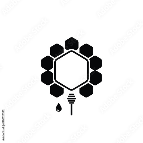 Honey collection and bee products. Honeycomb and honey dipper with drop. Sweet natural food from bees and beekeeping symbols