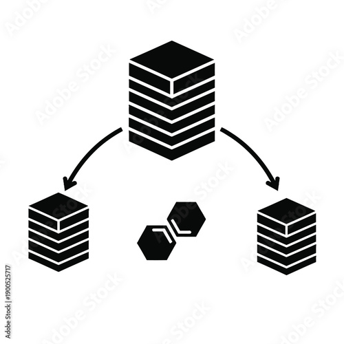 Beehive colony splitting diagram showing division of parent hive into two smaller nuclear colonies with curved arrows and hexagonal symbols for apiary management and swarm control