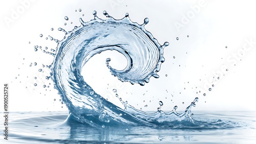 Dynamic twisted water splash forming a spiral shape with droplets, isolated on clean white background