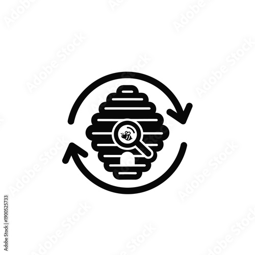 Beehive monitoring with magnify glass and bee icon, simple vector stock illustration for apiculture analysis and honey production tracking