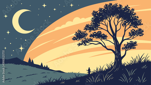 Vibrant sunset landscape with silhouetted tree and moon