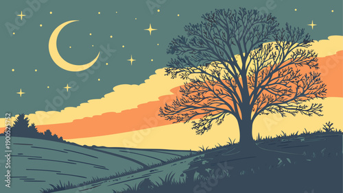 Vibrant sunset landscape with silhouetted trees and moon