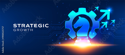 Strategic growth business concept with chess knight inside gear and upward arrows, representing planning, strategy, and success. Modern blue technology style vector illustration