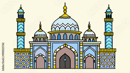 Colorful cartoon mosque with blue and gold details