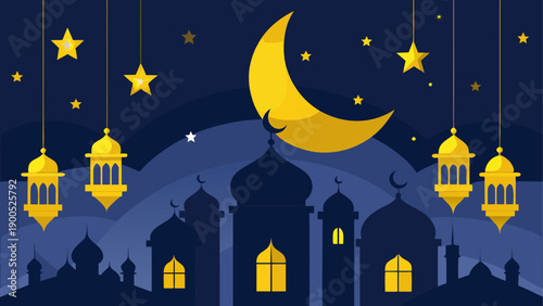Night sky with crescent moon and minimalist mosque silhouettes