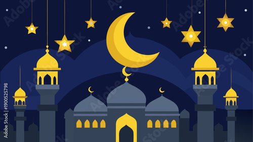 Night scene with mosque and crescent moon