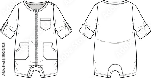 Technical fashion illustration of baby romper with front zipper, short sleeves, patch pockets, snap buttons, infant bodysuit flat sketch views