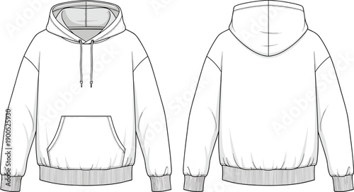 Technical fashion illustration of classic hoodie sweatshirt with drawstring hood, kangaroo pocket, ribbed cuffs and hem, front back views