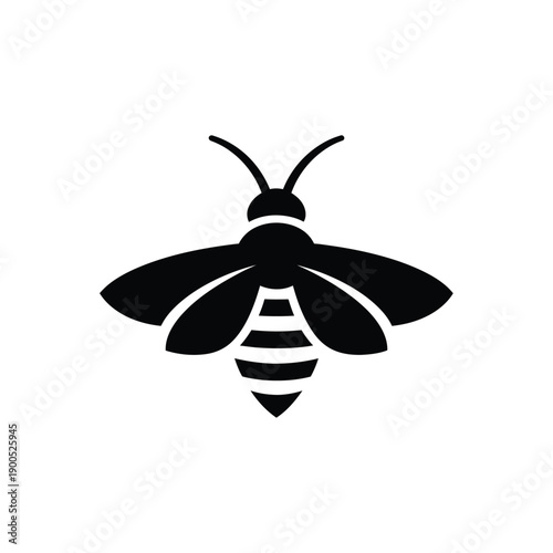 Stylized black silhouette of bee with wings spread and antennae visible, insect icon