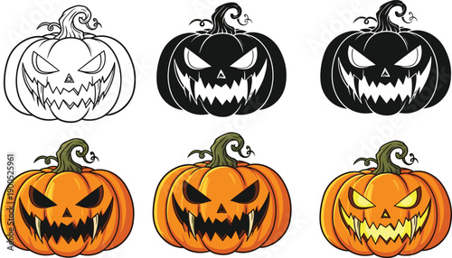 Scary Halloween pumpkin illustration set with jack o lantern faces, line art, black silhouette, and colorful versions for spooky decoration, party, and horror designs