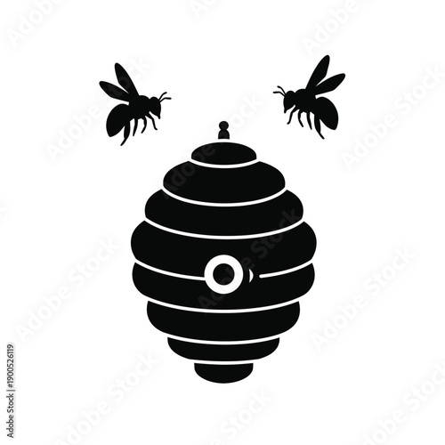 Beehive with flying bees silhouette vector illustration for apiculture and honey production concept isolated black icon of natural apiary nest for branding and web design graphics