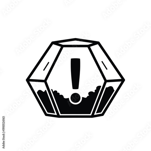 Geometric terrarium alert icon featuring hexagonal glass container with exclamation point for environmental warning ecological hazard indoor plant care reminder science laboratory art