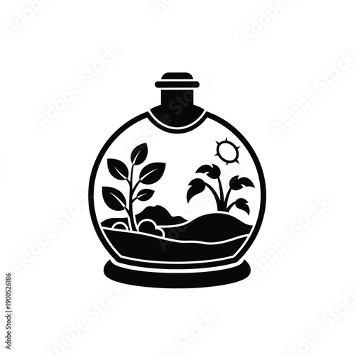 A spherical glass terrarium encloses a diverse miniature landscape featuring multiple plants, rocks, and a sun icon, representing a complete small ecosystem