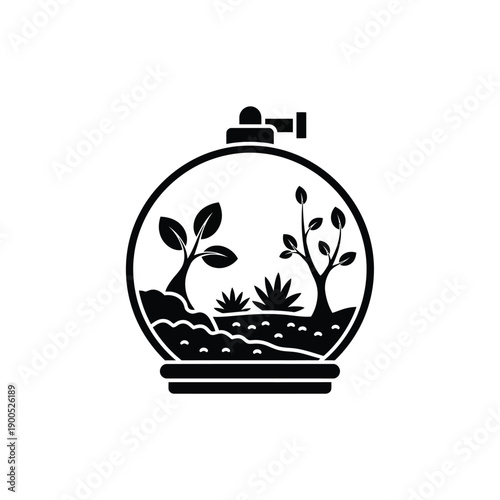 Terrarium ecosystem icon representing environmental conservation and indoor gardening showing plants growing inside glass container with lid for nature education and science themes