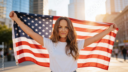 Proud serious young Afro American woman standing on street holding usa flag under blue sky looking at camera. Mixed race lady for democracy, racial equality, fair elections, changes in United States.