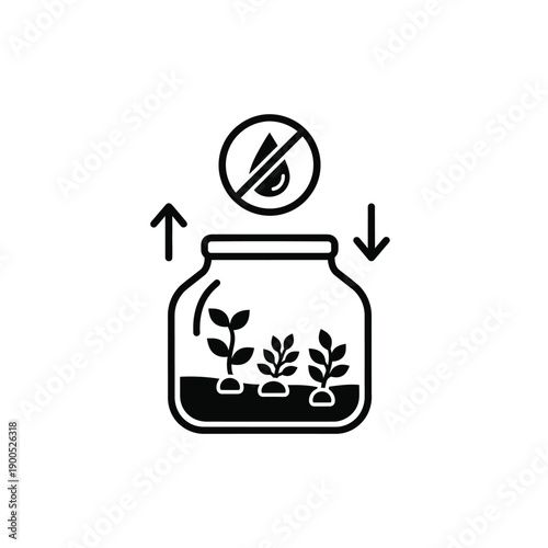 Ecological terrarium in glass jar representing closed environment without external water supply up and down arrows indicate system functioning isolated ecosystem for plants growth