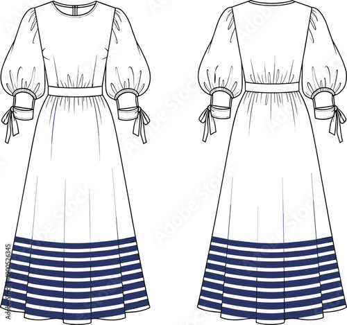 Technical fashion illustration of women’s long sleeve maxi dress with cuff ties, fitted waist, striped hem detail, flat sketch views